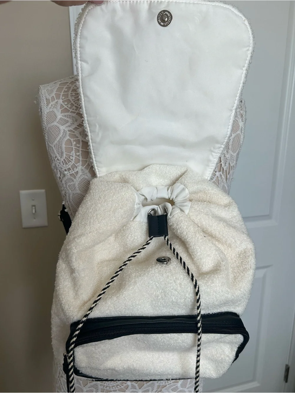 Madden Girl Cream Sherpa Backpack with Black Trim